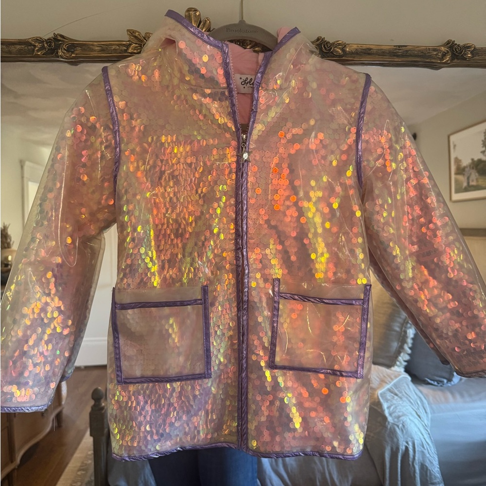 Lola + The Boys Iridescent Sequin Raincoat with Purple Trim